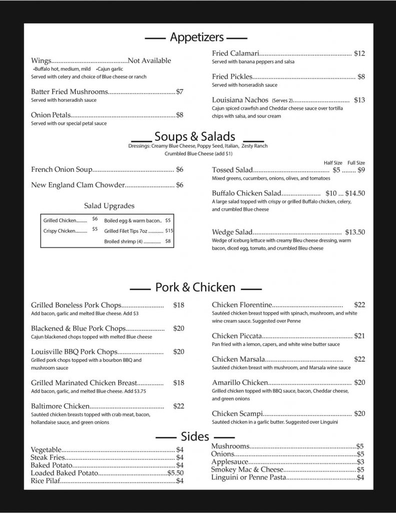 Menu Jay's Place Steak and Seafood